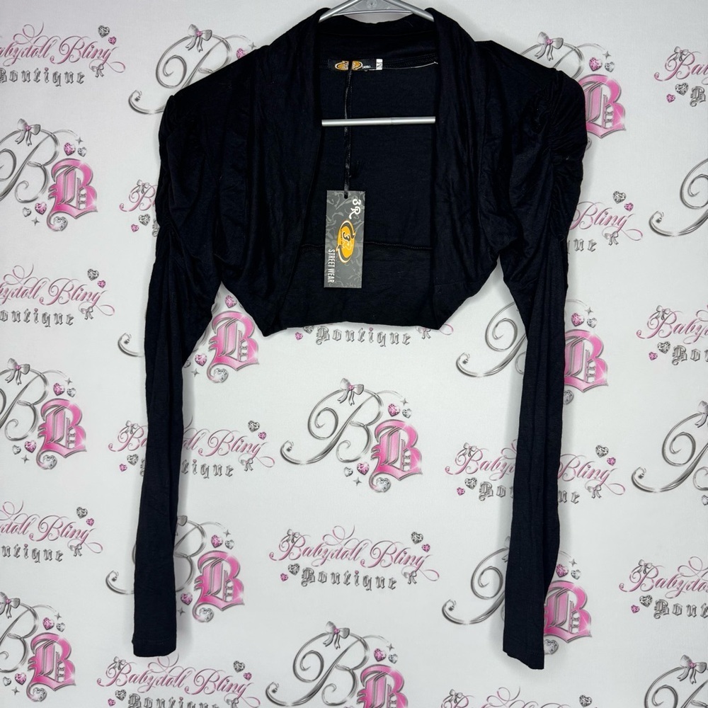 3R streetwear cardigan ruched arm shoulder cinch Black Bolero Shrug BNWT